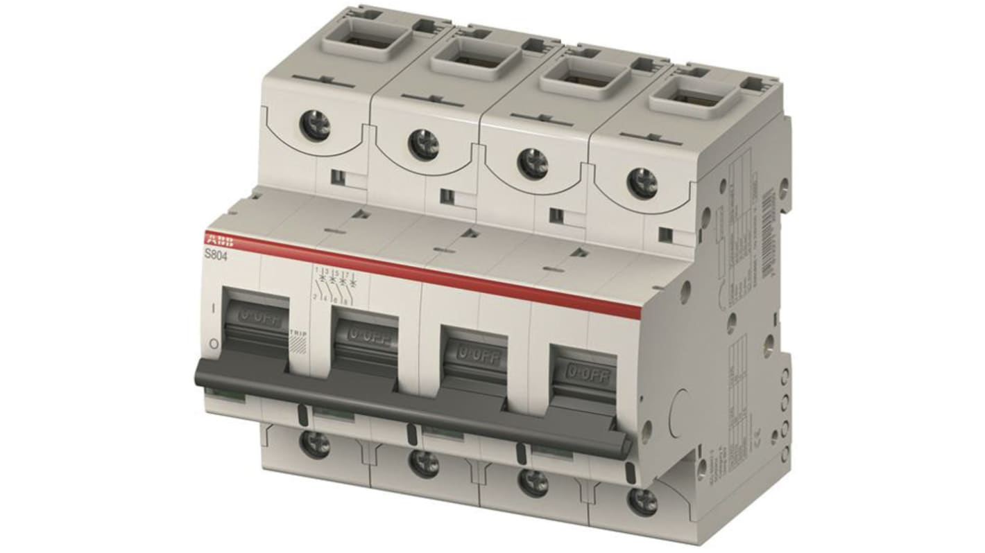 Interruttore magnetotermico ABB 740444, 4 poli, 63 A, Tipo C, montaggio su guida DIN, dimensioni 106 x 82.5 x 95 mm.