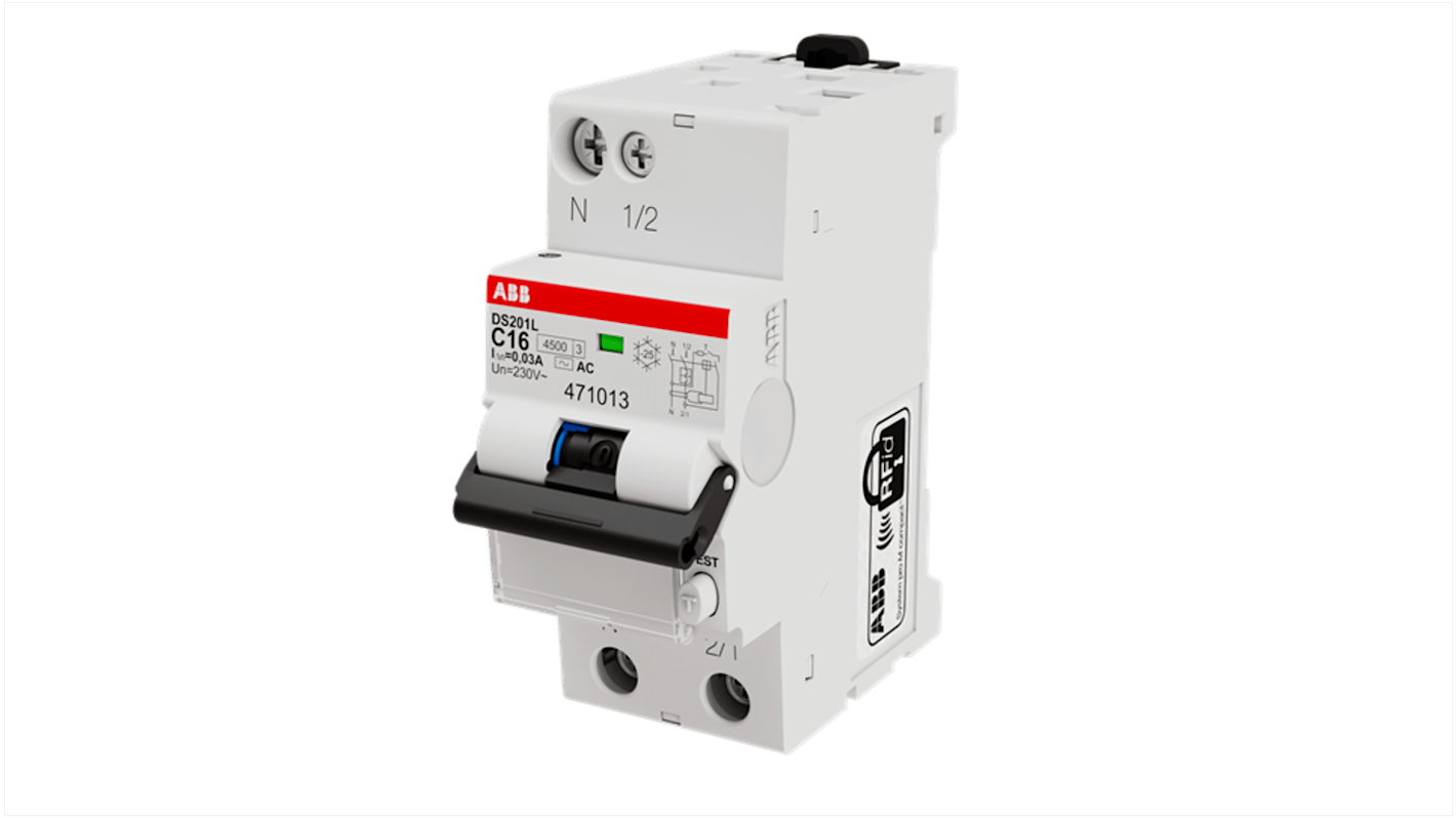 Interruttore differenziale ABB 471013, 1P+N, 16 A, montaggio su guida DIN, dimensioni 35 mm x 69 mm x 85 mm.
