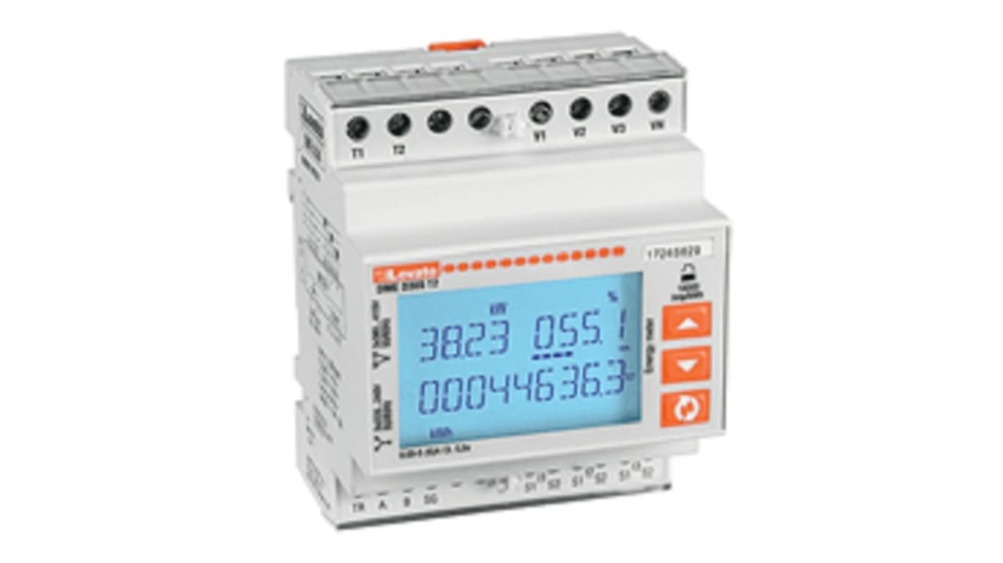 Contatore di energia trifase Lovato DMED305T2MID, LCD retroilluminato, montaggio su guida DIN, precisione classe B, correnti fino a 80 A.