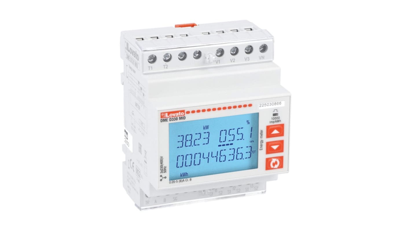 Contatore di energia Lovato DMED330MID trifase, display LCD, montaggio su guida DIN, misurazione TRMS, fino a 80 A.