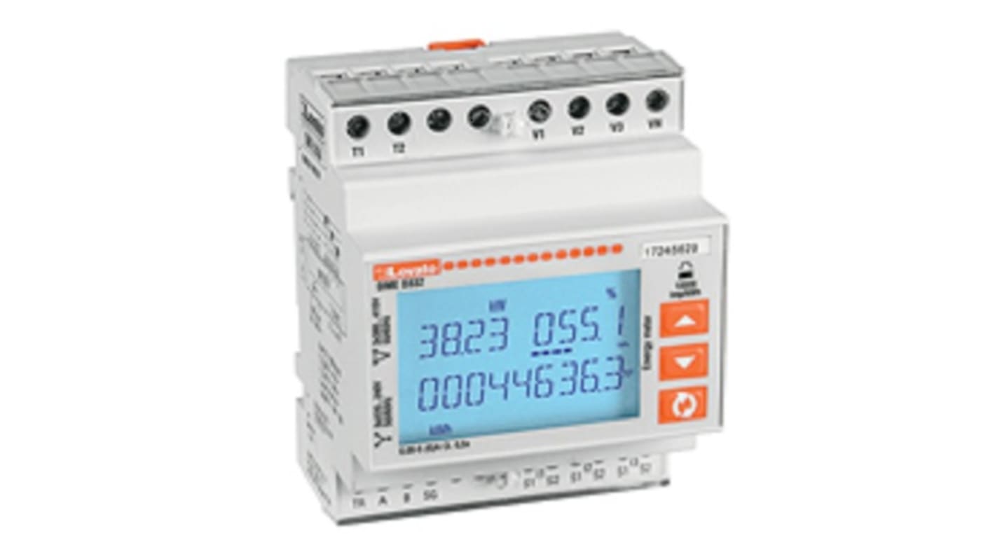 Contatore di energia trifase Lovato DMED332MID, LCD retroilluminato, montaggio su guida DIN, misurazione TRMS fino a 80 A.