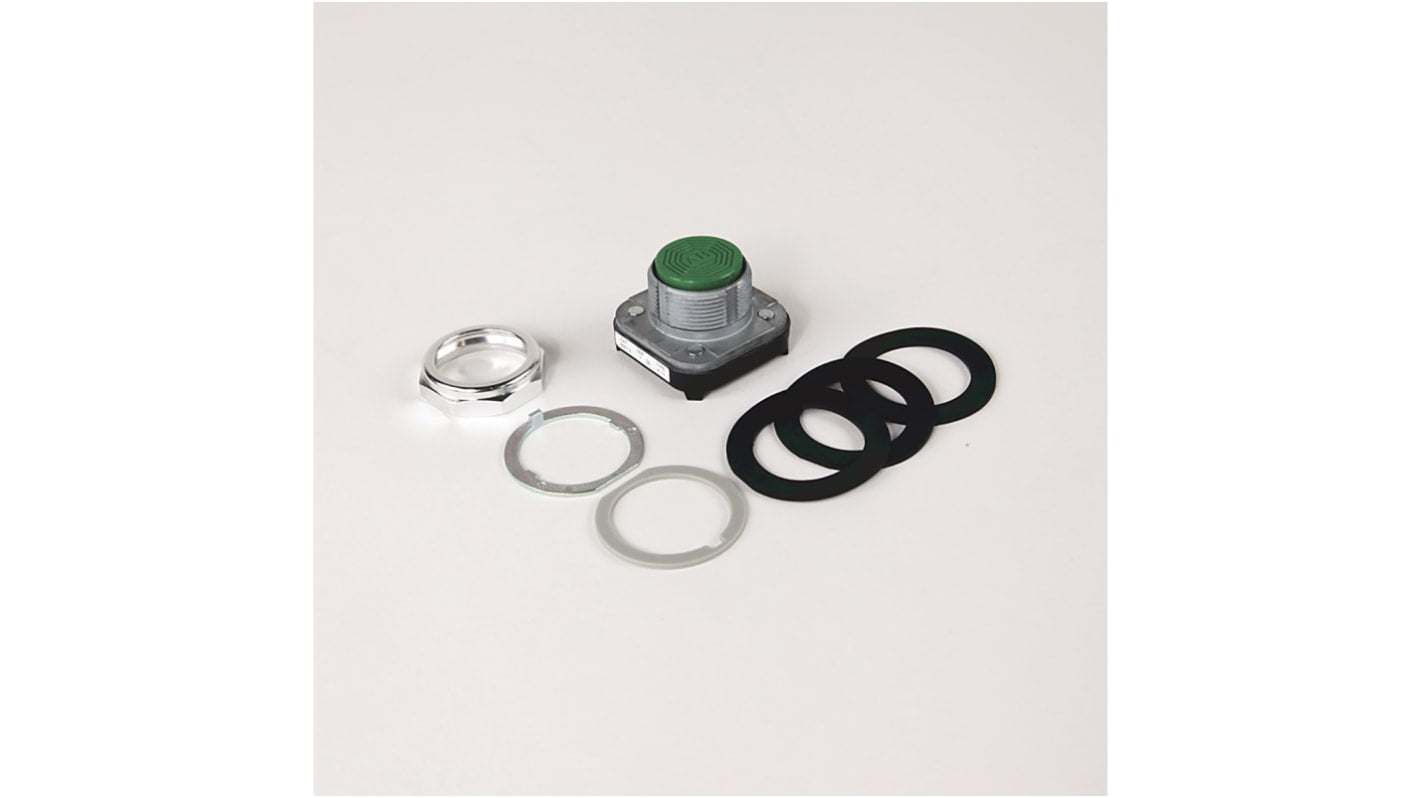 Pulsante verde rotondo Allen Bradley 800TA1, diametro 30mm, azionamento momentaneo, metallo, grado di protezione IP65.
