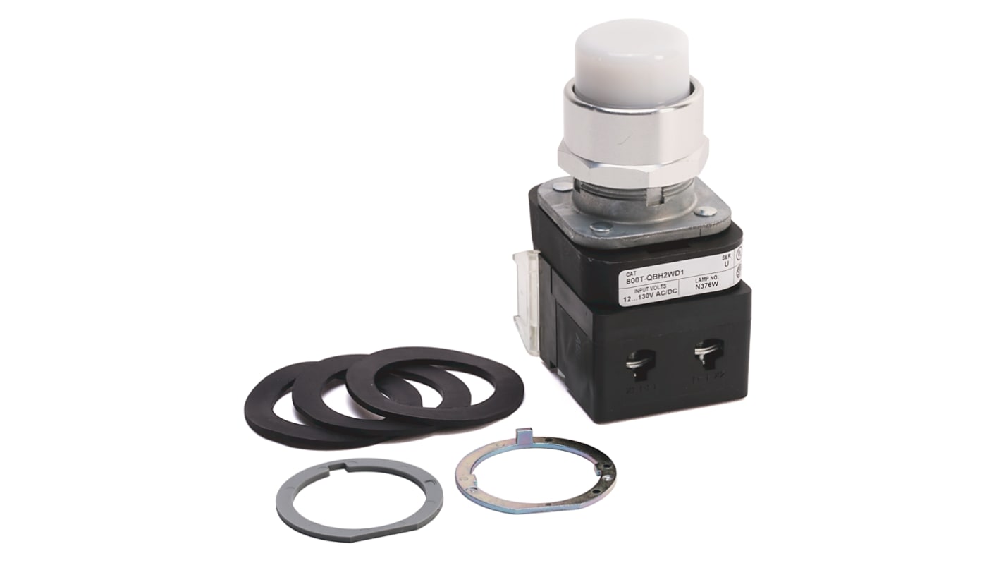 Attuatore pulsante instabile Allen Bradley 800T-QBH2W, rotondo, diametro foro 30 mm, LED integrato, tensione 12-130V.