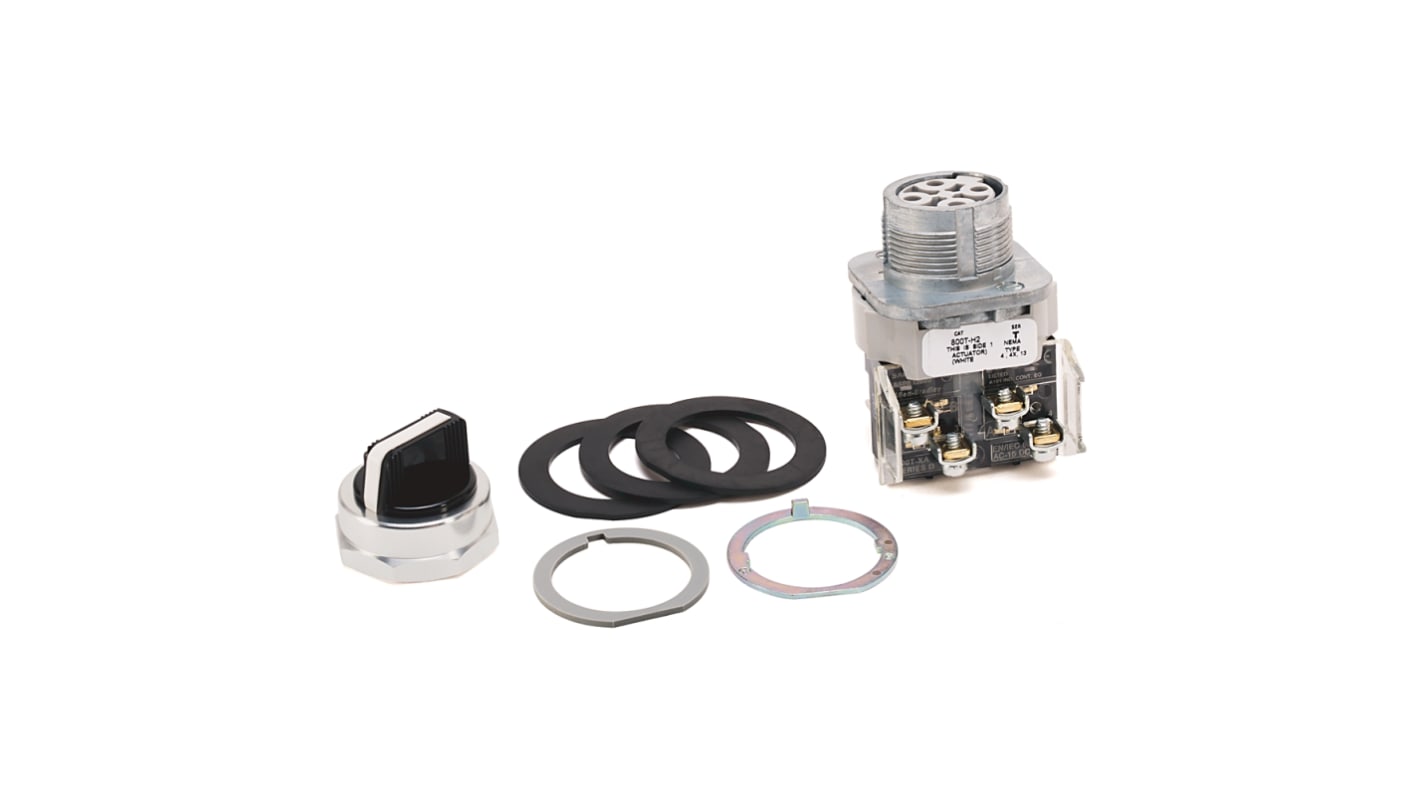 Selettore Allen Bradley 800T-H2D1 a 2 posizioni, diametro foro 30 mm, contatto SPST, corrente 10A, tensione 600V, colore bianco.