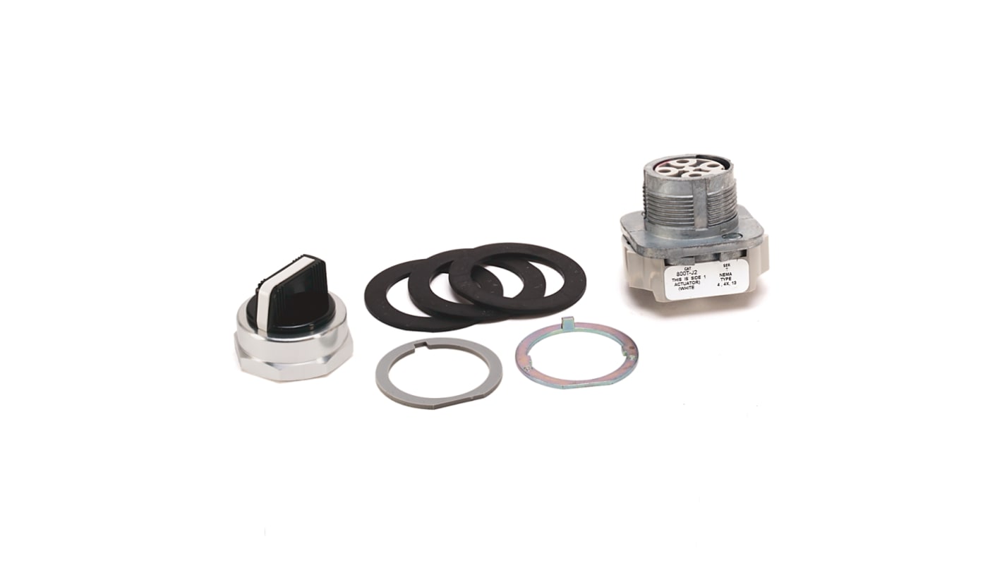 Selettore a 3 posizioni Allen Bradley 800T-J2A, diametro foro 30mm, manopola bianca, contatto SPDT, 10A, 600V.