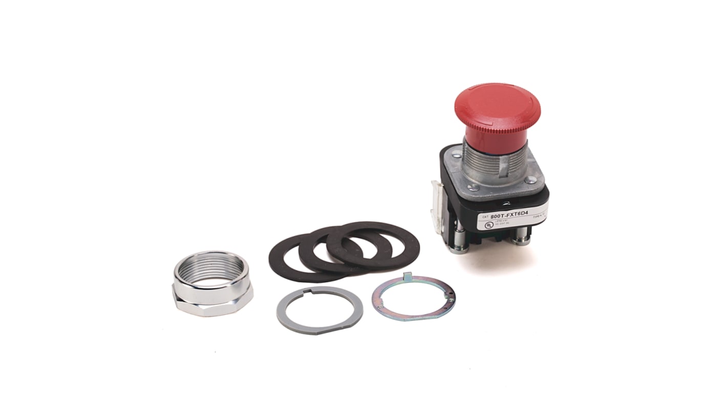 Pulsante Allen Bradley 800T-FXT6A5 DPST rotondo, montaggio a pannello, diametro foratura 30 mm, colore rosso, corpo metallico.