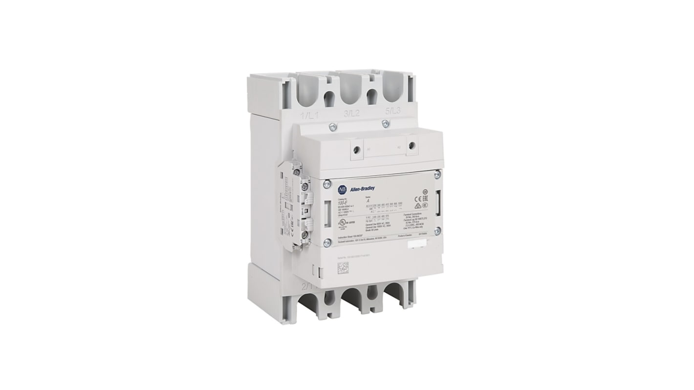 Contattore Direct on Line Allen Bradley 100-E305KD11, 3 poli, 305 A, montaggio a pannello, dimensioni 140x180x225 mm.