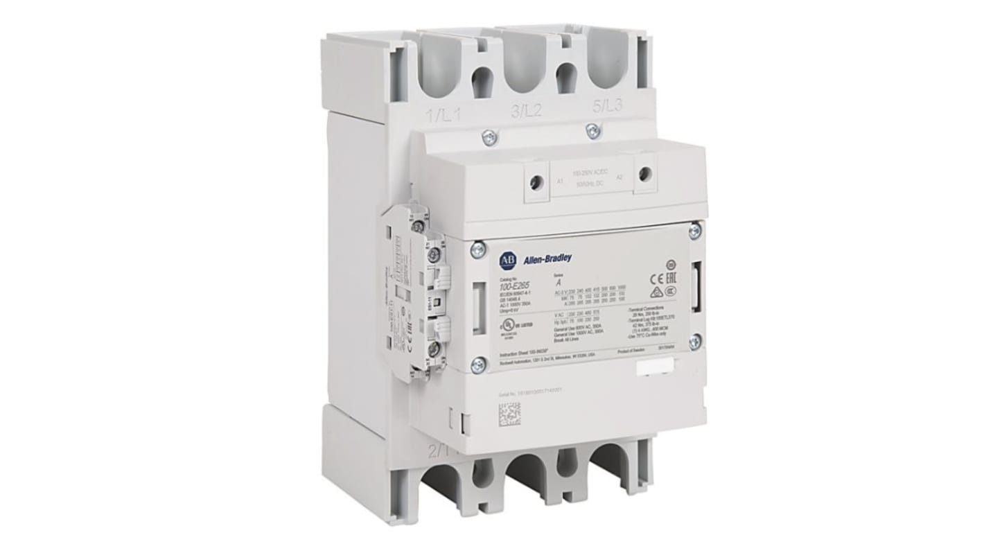 Contattore Direct on Line Allen Bradley 100-E370KD11, 3 poli, 370 A, montaggio a pannello, dimensioni 140x180x225 mm.