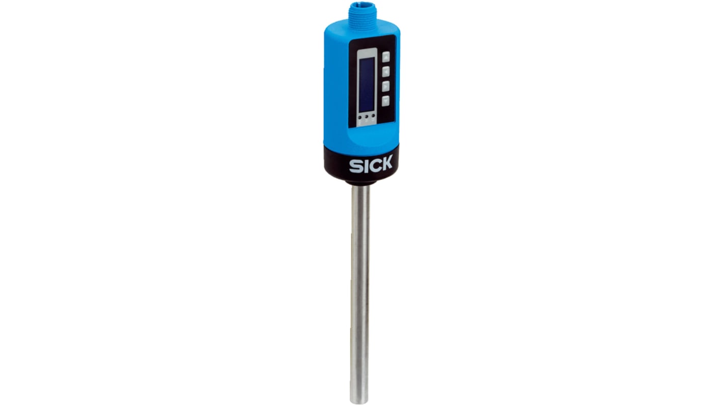 Interruttore di flusso Sick FTS-I100F14A per liquidi, con display OLED, compatibile CIP/SIP, pressione massima 100 bar.