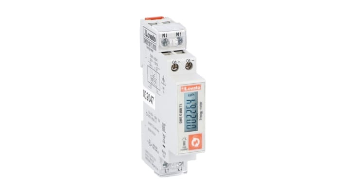 Contatore di energia monofase Lovato DMED100T1 con display LCD, precisione Classe 1, temperatura operativa -25/+55 °C.