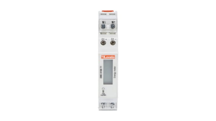 Contatore di energia monofase Lovato DMED100T1 con display LCD, precisione Classe 1, temperatura operativa -25/+55 °C.