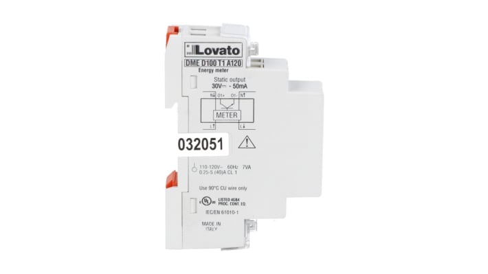 Contatore di energia monofase Lovato DMED100T1 con display LCD, precisione Classe 1, temperatura operativa -25/+55 °C.