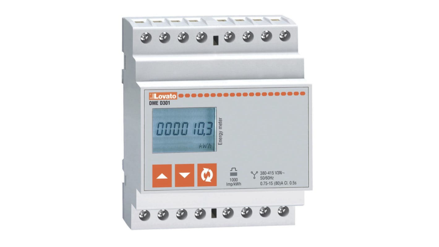Contatore di energia trifase Lovato DMED305T2, con display LCD, misura energia attiva e reattiva, collegamento diretto fino a 80A.