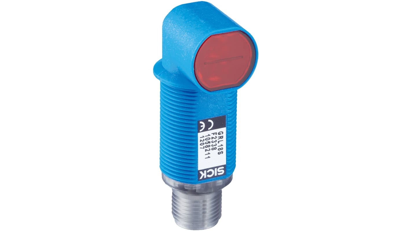 Sensore fotoelettrico cilindrico Sick GRL18S-P2438 a retroriflessione, rilevamento fino a 6 m, montaggio filettato, IP67.