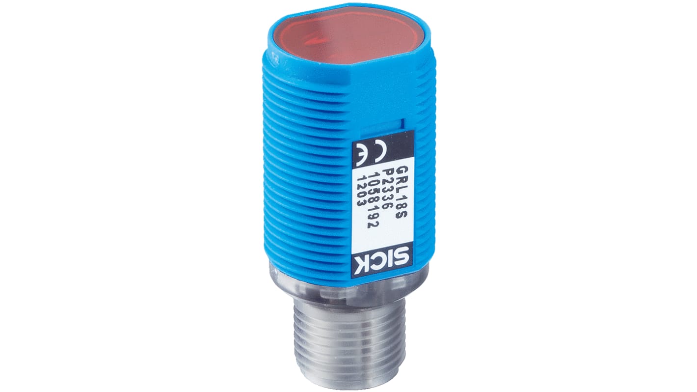Sensore fotoelettrico cilindrico Sick GRL18S-P2436 a retroriflessione, rilevamento 60 mm a 6 m, uscita PNP, IP67.
