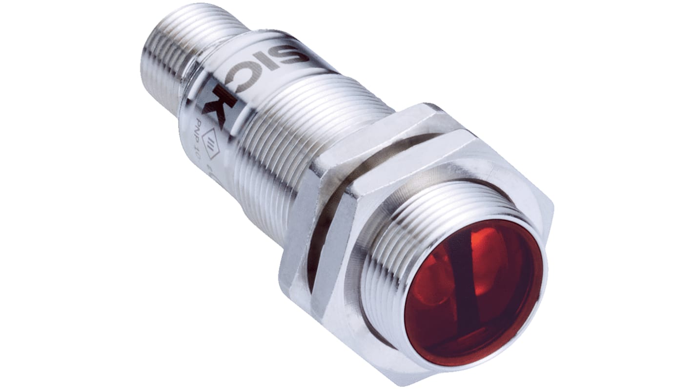 Sensore fotoelettrico cilindrico Sick GRL18S-P2431V a retroriflessione, rilevamento fino a 6 m, con connettore M12, IP67.