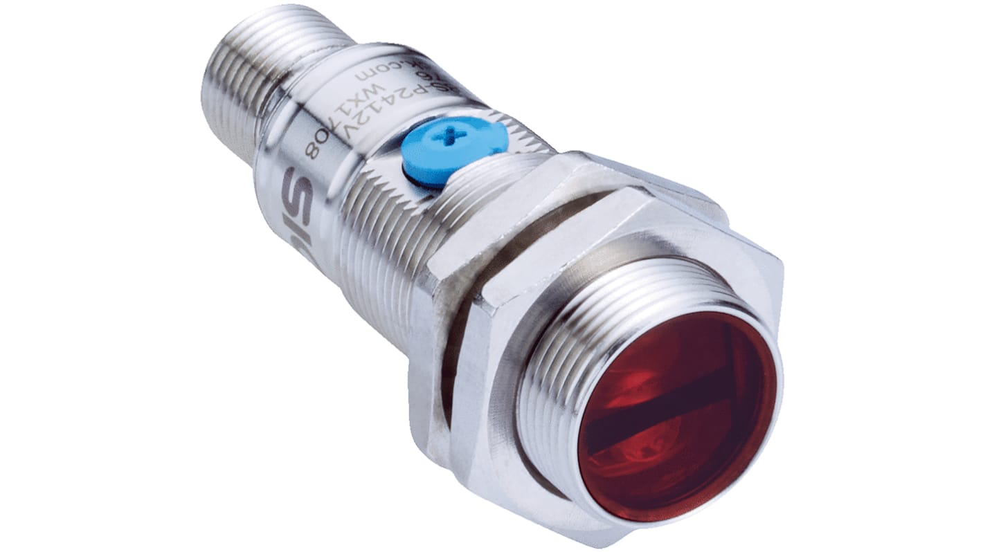 Sensore fotoelettrico cilindrico Sick GRTB18S-N2412V, rilevamento 20-150 mm, uscita NPN, montaggio M18, IP67, acciaio inox.