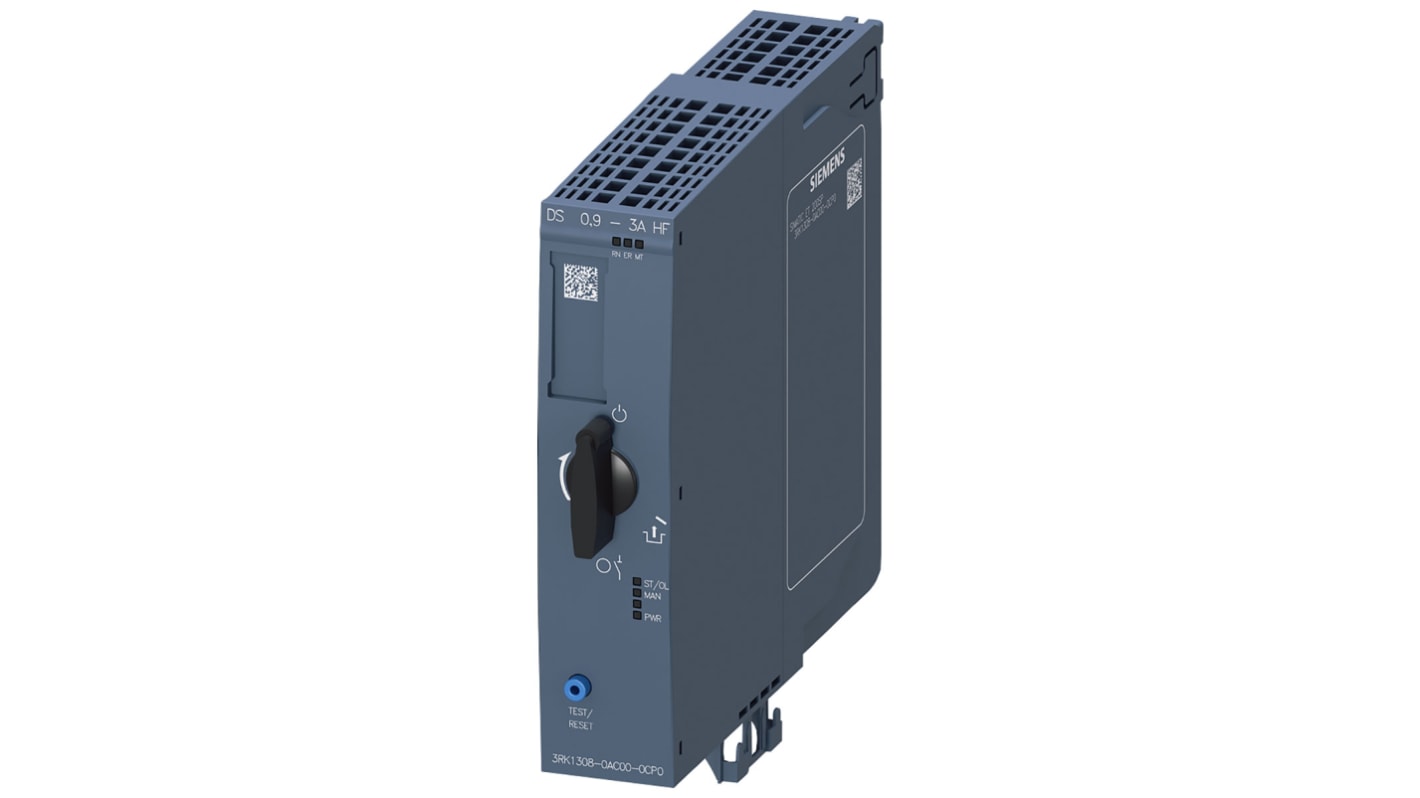 Avviatore soft-start Siemens 3RK1308-0AC00-0CP0, potenza 1,1 kW, tensione 48-500 V, montaggio a innesto, dimensioni 30x166,9x142 mm.