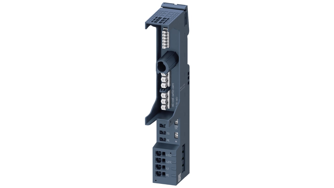 Guaina morsetto Siemens 3RK1908-0AP00-0AP0 per avviatore motore ET 200SP, 3 poli, montaggio su guida DIN, dimensioni 35.3 x 75 x 215 mm.