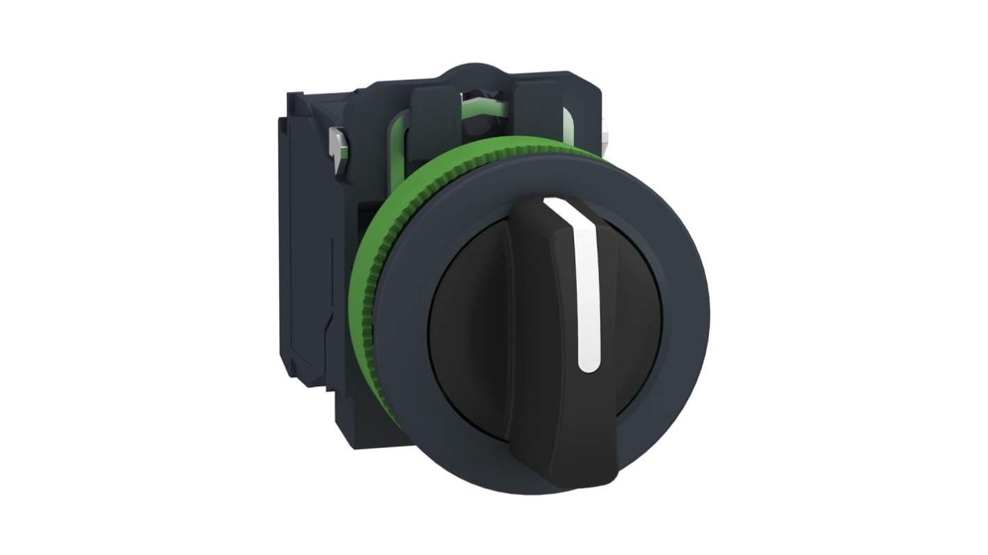 Selettore a 3 posizioni Schneider Electric XB5FD33, diametro foro 30mm, montaggio a vite, protezione IP67, corrente 6A.