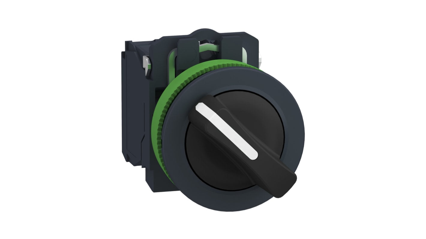 Selettore a 2 posizioni Schneider Electric XB5FD25, diametro foro 30mm, montaggio a filo, protezione IP67, corrente massima 6A.