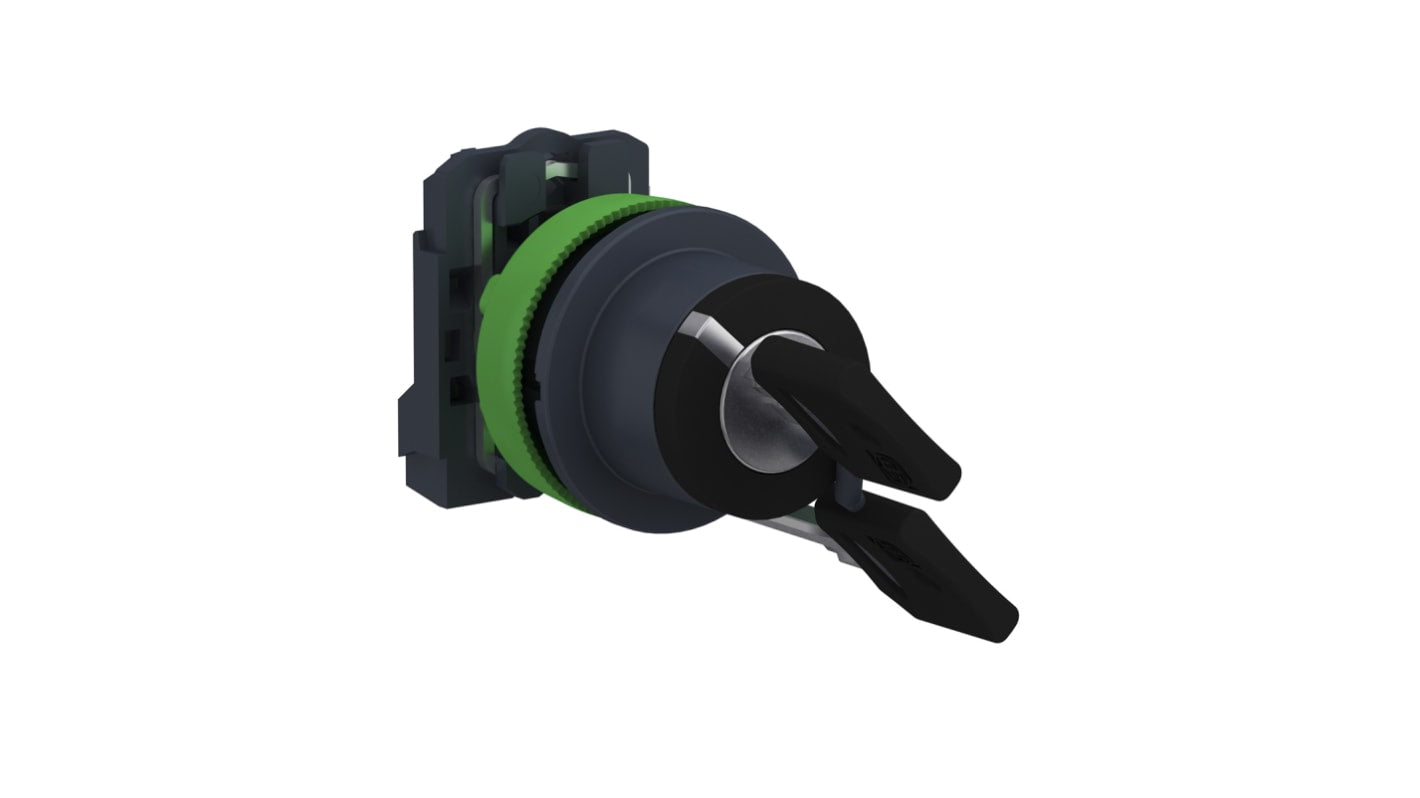 Interruttore a chiave a 2 posizioni XB5FG41 di Schneider Electric, resistente a vibrazioni e temperature da -40 a 70 °C.