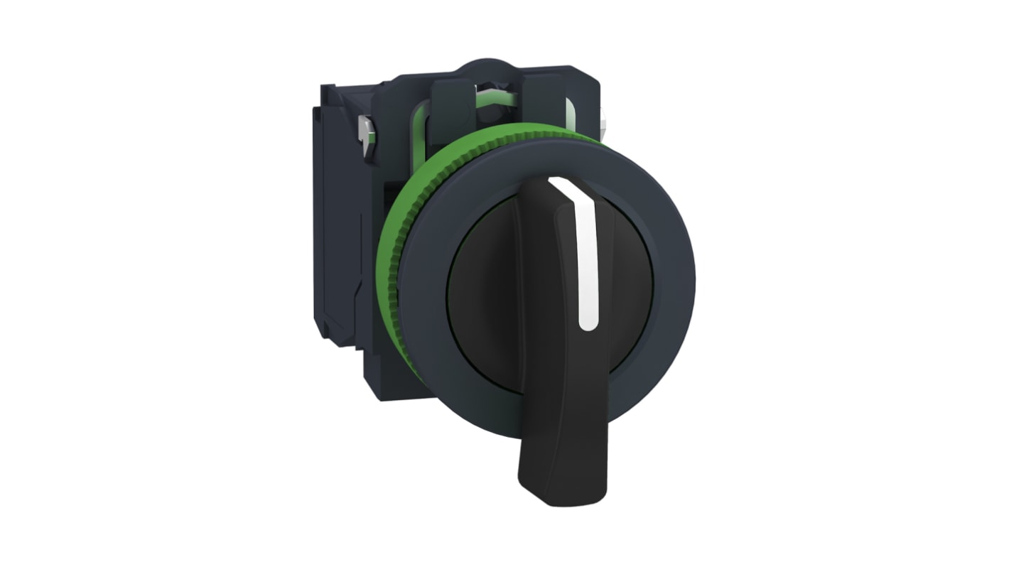 Selettore a 2 posizioni Schneider Electric XB5FJ21, diametro foro 30mm, protezione IP67, corrente 6A, tensione 600V.