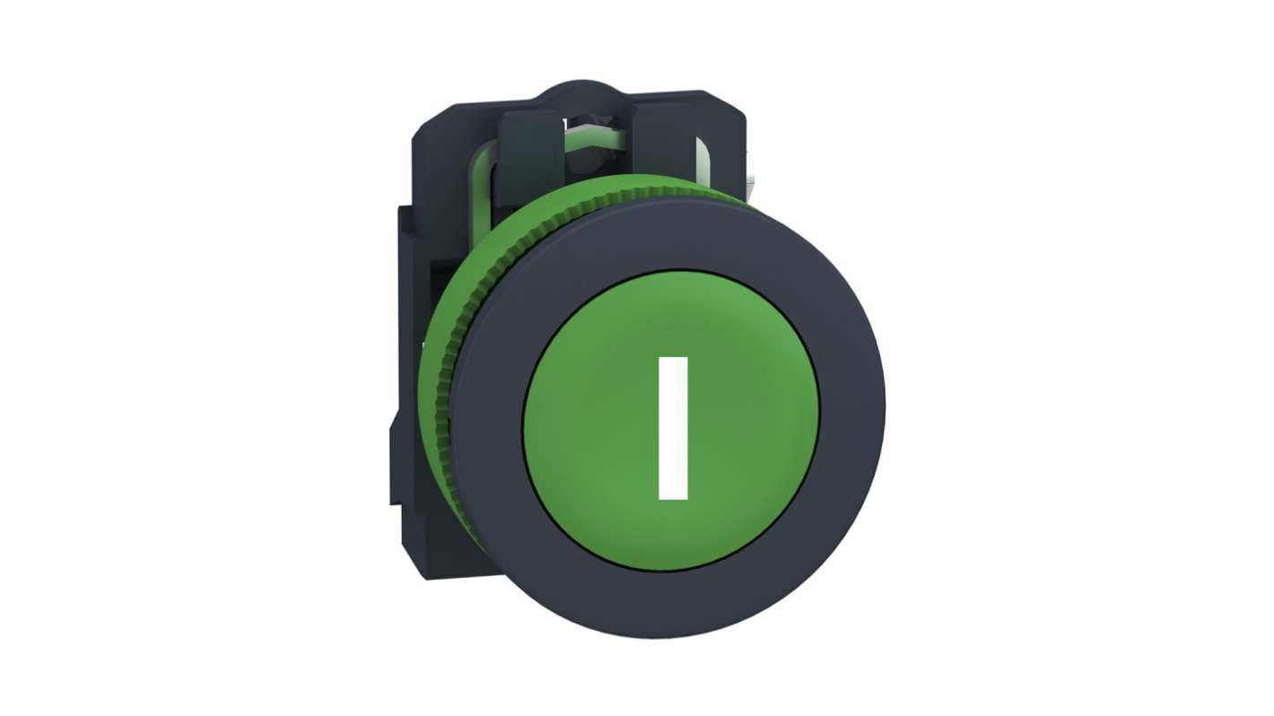Pulsante SPST verde Schneider Electric XB5FA3311, montaggio a pannello, IP69, diametro 36.6 mm, contatto 1NO, terminale a vite.