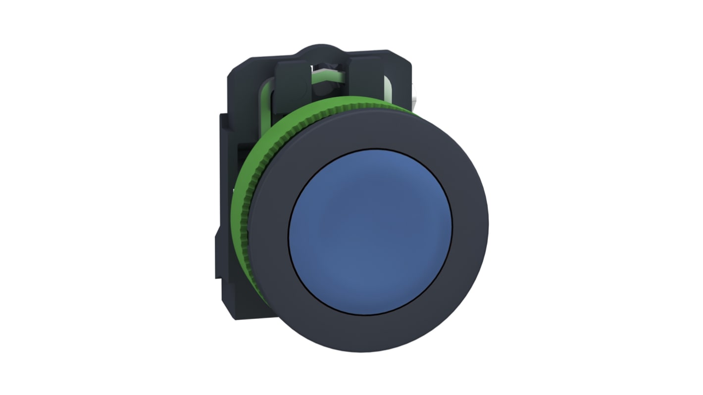 Pulsante SPST Schneider Electric, montaggio a pannello, diametro 30mm, colore blu, protezione IP69, temperatura -40/+70°C.
