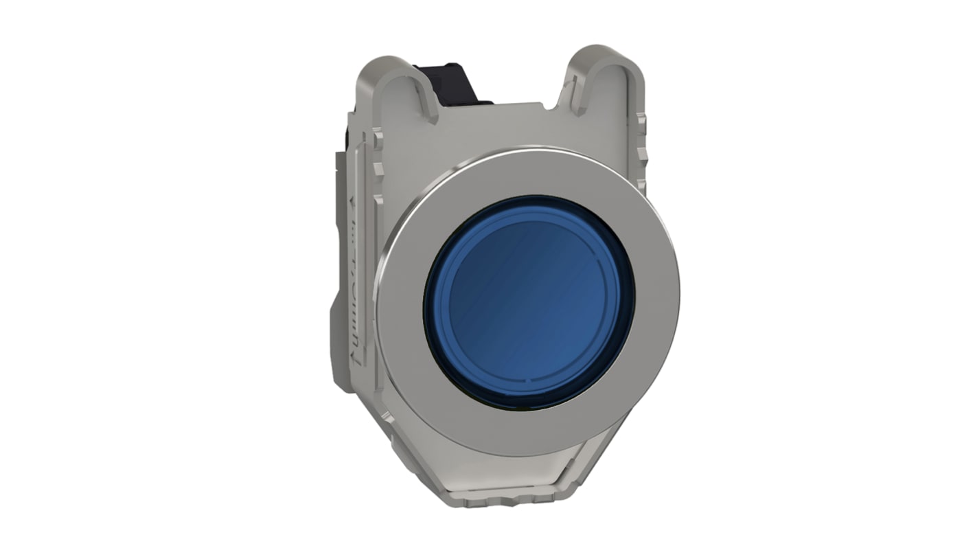 Spia LED blu Schneider Electric, montaggio a filo, diametro foro 30mm, tensione 230VAC, corpo metallico, resistente a vibrazioni.