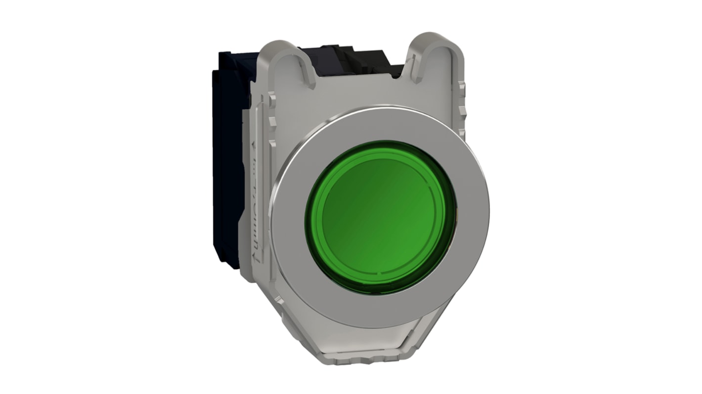 Pulsante SPDT luminoso verde Schneider Electric, montaggio a pannello, diametro foratura 30 mm, resistenza alle vibrazioni.