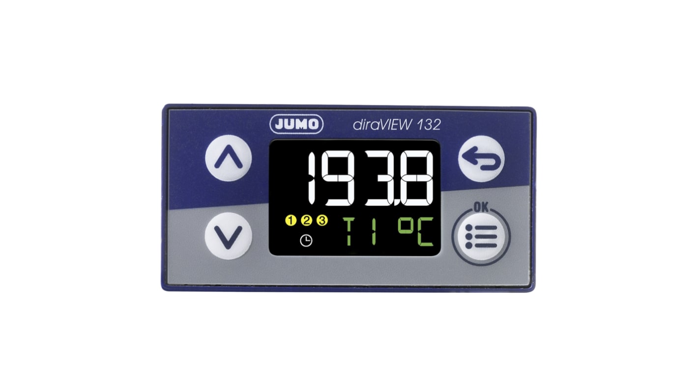 Jumo 701510/8-0000-25/000, indicatore digitale per monitoraggio di temperature e pressioni, con display LCD e interfaccia RS485.