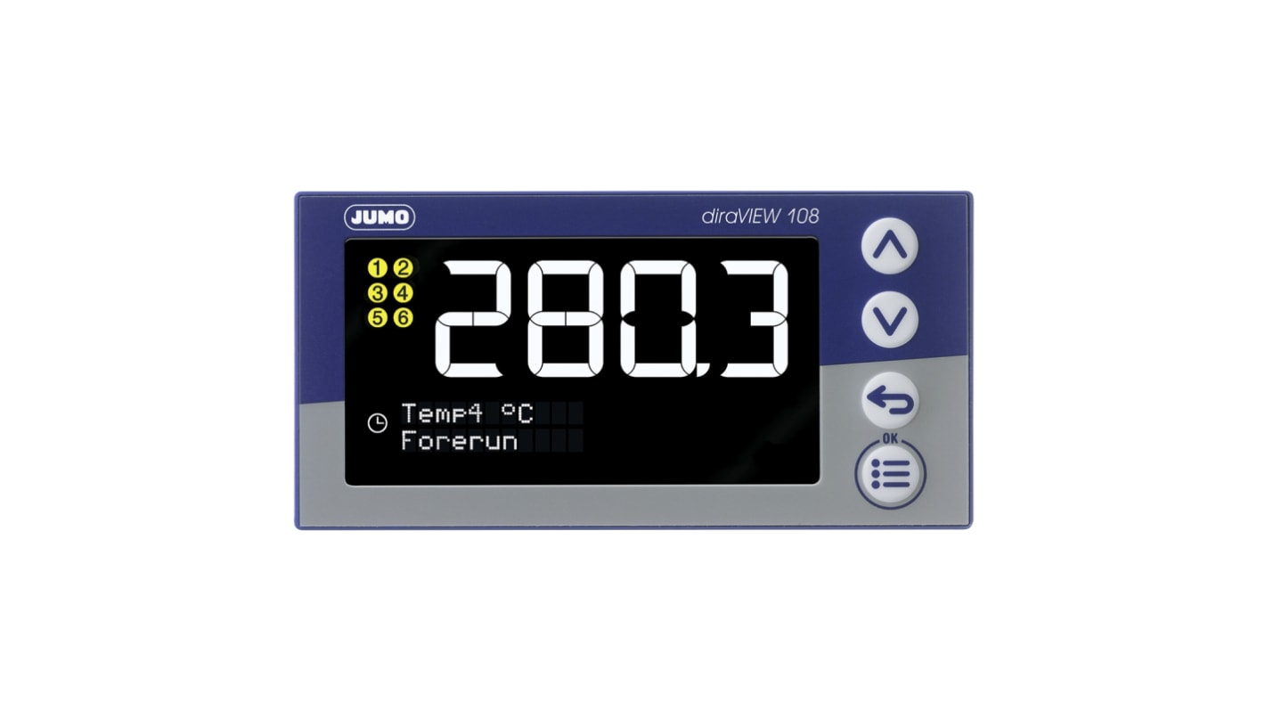 Jumo 701513/8-0000-23/000, indicatore digitale per monitoraggio di temperature e pressioni, con display LCD e interfaccia RS485.