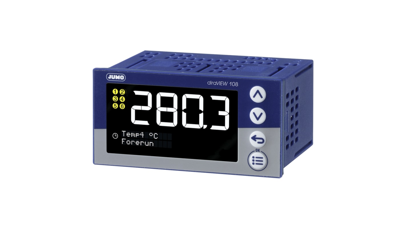 Indicatore digitale Jumo 701513/8-0000-25/000 per visualizzazione di temperature e pressioni, con display LCD e funzioni di monitoraggio.
