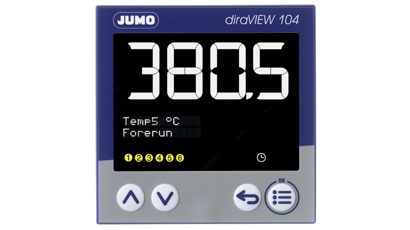 Indicatore digitale Jumo 701514/8-0000-23/000 per visualizzazione di temperature e pressioni, con memoria min/max e interfaccia RS485.