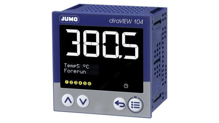 Indicatore digitale Jumo 701514/8-0000-23/000 per visualizzazione di temperature e pressioni, con memoria min/max e interfaccia RS485.
