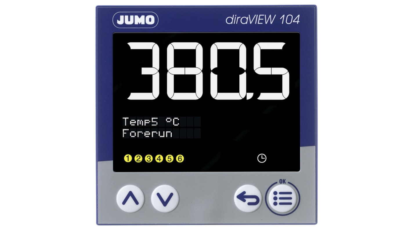 Indicatore digitale Jumo 701514/8-0300-23/000 per visualizzazione di temperature e pressioni, con funzioni di monitoraggio e interfaccia RS485.