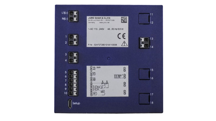 Indicatore digitale Jumo 701514/8-0300-23/000 per visualizzazione di temperature e pressioni, con funzioni di monitoraggio e interfaccia RS485.