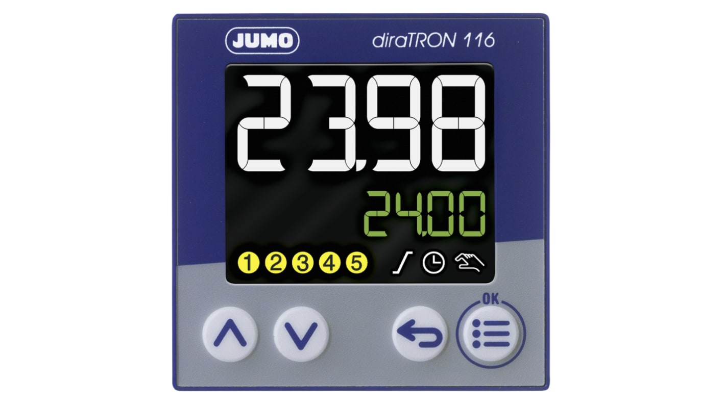 Termoregolatore PID Jumo 702111/8-0000-25/000, 48x48 mm, alimentazione 20-30 V, 3 uscite, montaggio a pannello, IP65.