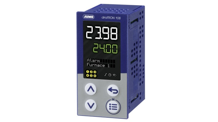 Termoregolatore PID Jumo 702112/8-0000-23/000, montaggio a pannello, dimensioni 48 x 96 mm, alimentazione 110-240 V c.a.