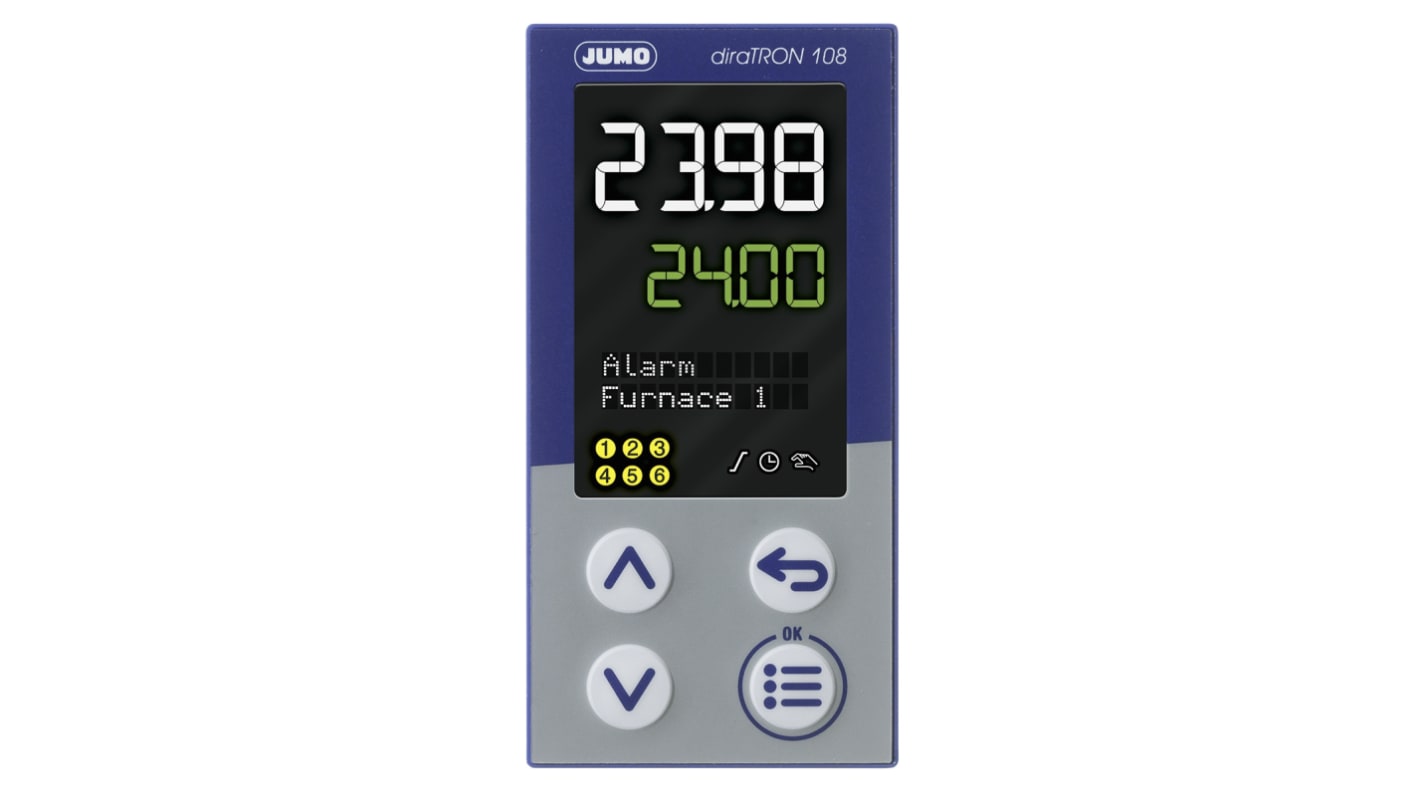 Termoregolatore PID Jumo 702112/8-0300-23/000, montaggio a pannello, dimensioni 48 x 96 mm, alimentazione 110-240 V.