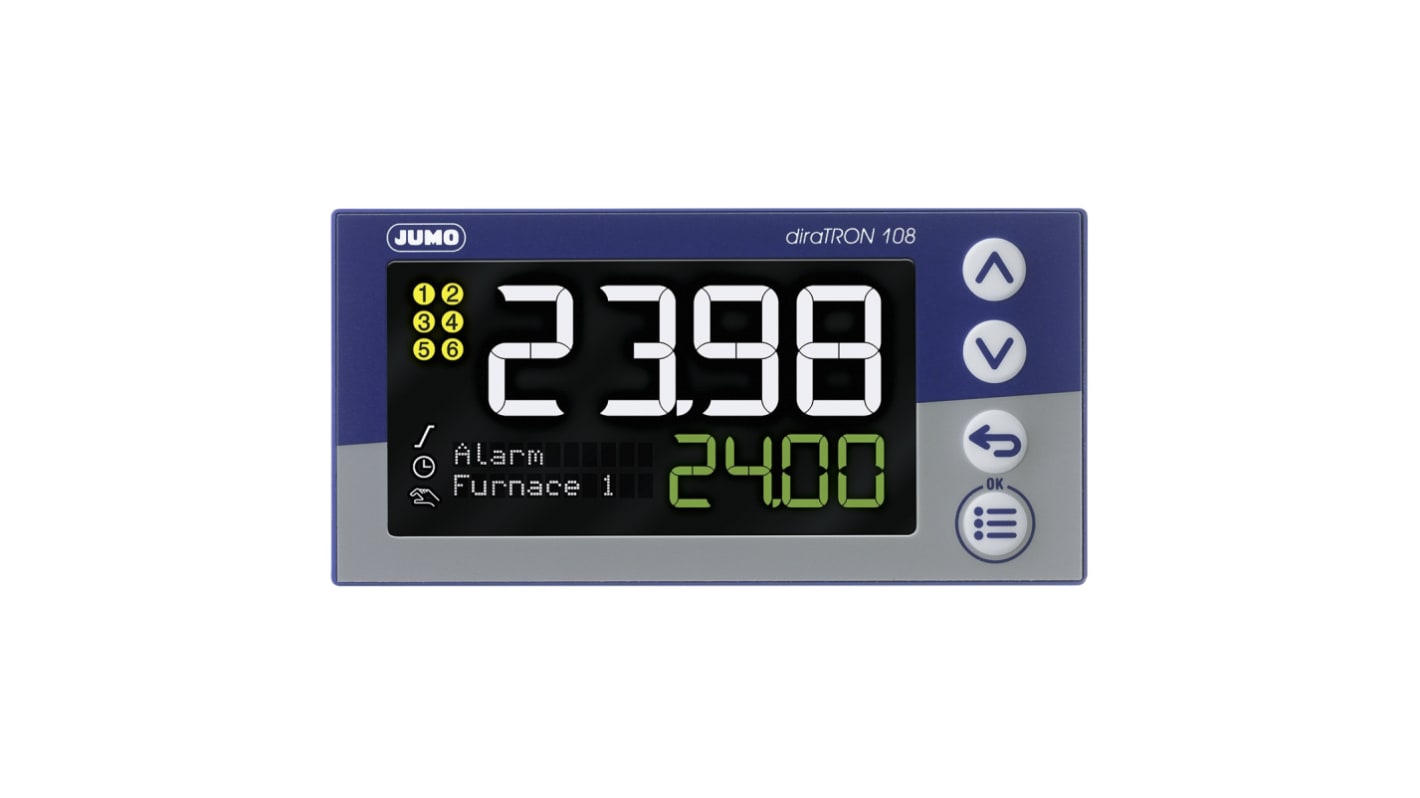 Termoregolatore PID Jumo 702113/8-0000-25/000, montaggio a pannello, dimensioni 96 x 48 mm, 3 ingressi e 3 uscite.