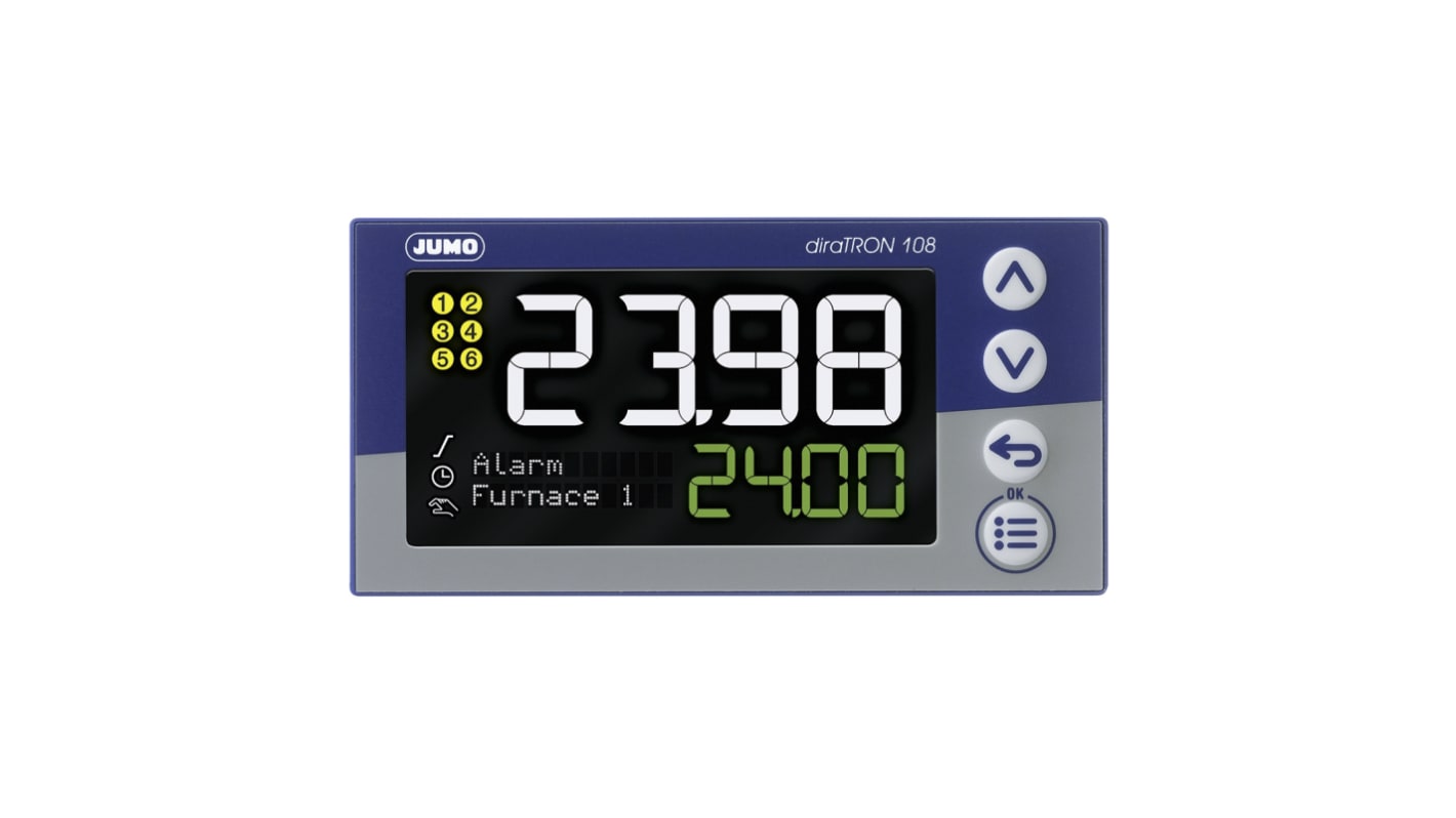 Termoregolatore PID Jumo 702113/8-0300-23/000, montaggio a pannello, dimensioni 96 x 48 mm, alimentazione 110-240 V c.a.