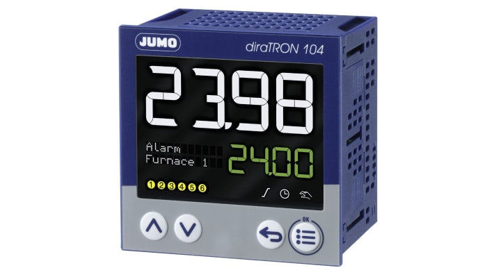 Termoregolatore PID Jumo 702114/8-0000-25/000, dimensioni 96 x 96 mm, montaggio a pannello, gamma -10 a +55 gradi.