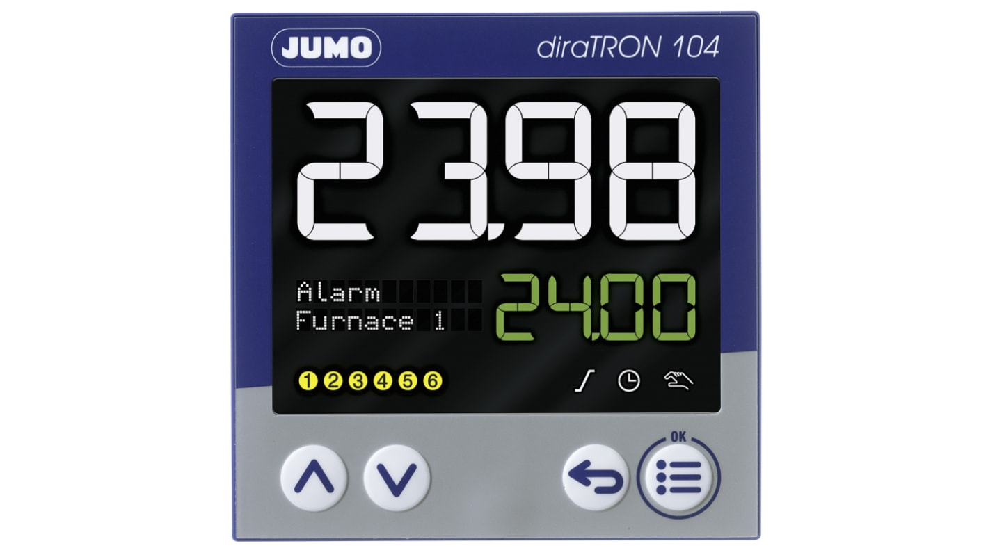 Termoregolatore PID Jumo 702114/8-0300-23/000, montaggio a pannello, dimensioni 96 x 96 mm, alimentazione 110-240 V c.a.
