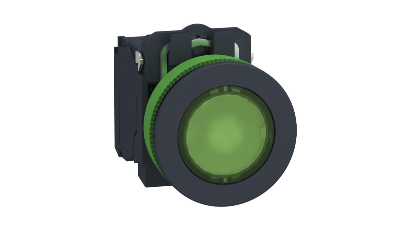 Pulsante SPDT illuminato verde Schneider Electric XB5FW33G5, montaggio a pannello, diametro 36.6 mm, resistenza alle vibrazioni.