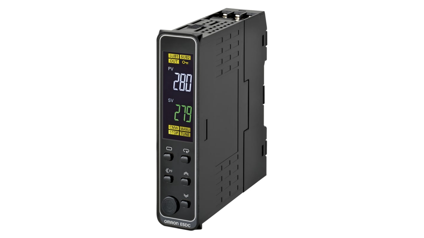 Controller di temperatura PID Omron E5DC-QX2ABM-000, 22.5 mm, alimentazione 100-240 V, montaggio su guida DIN.