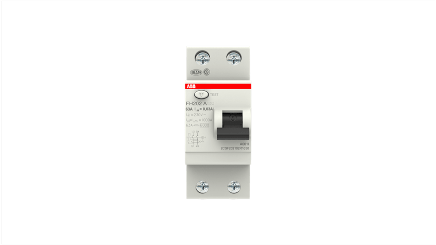 Interruttore differenziale ABB FH200, 2 poli, 63 A, 30 mA, montaggio su guida DIN, dimensioni 85 x 35 x 69 mm.