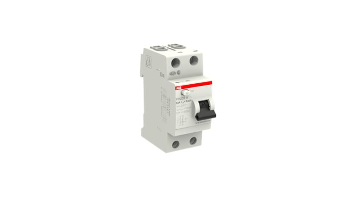 Interruttore differenziale ABB FH200, 2 poli, 63 A, 30 mA, montaggio su guida DIN, dimensioni 85 x 35 x 69 mm.