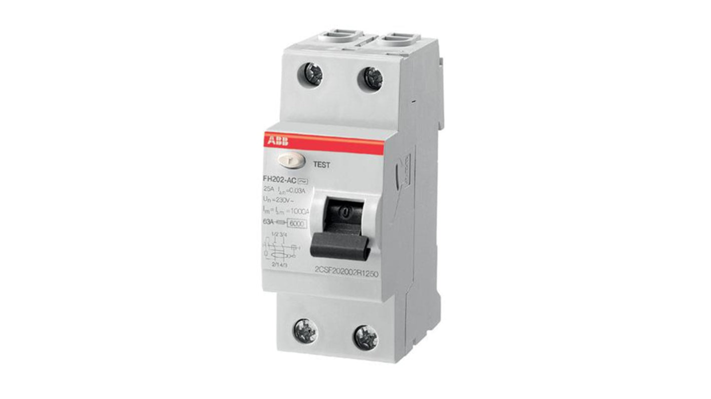 Interruttore differenziale ABB FH200, 2 poli, 63A, 30mA, montaggio su guida DIN, dimensioni 69x85x35mm, per uso civile.